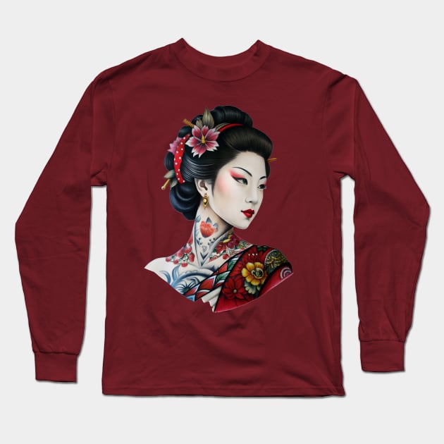 Japanese Geisha Tattoo Long Sleeve T-Shirt by Ravenglow